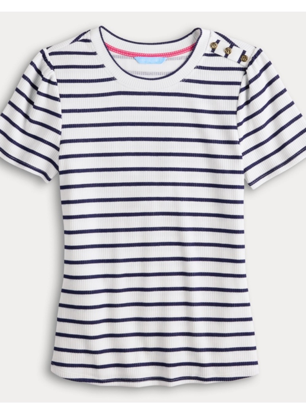 Draper James White and Navy Striped Short-Sleeve Knit Top with Gold Buttons